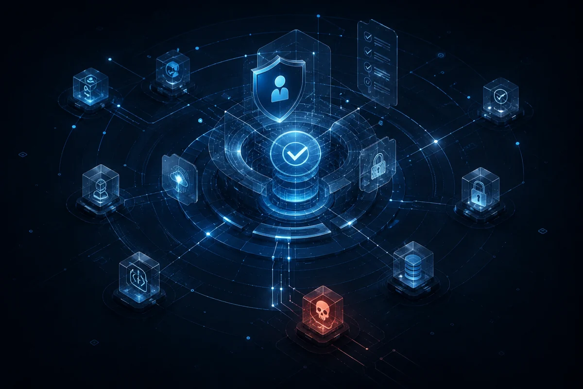 Editorial-Cybersecurity-Visual zu vertrauenswürdigem Zugriff, Berechtigungen und verborgener Angriffsfläche