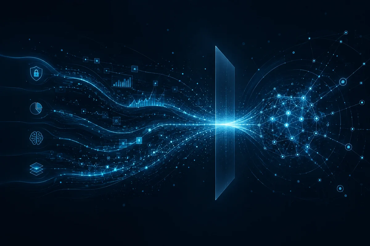 Abstraktes Signal-Intelligence-Visual für ein Konzept aus Cybersecurity-, Technologie- und KI-Signalen